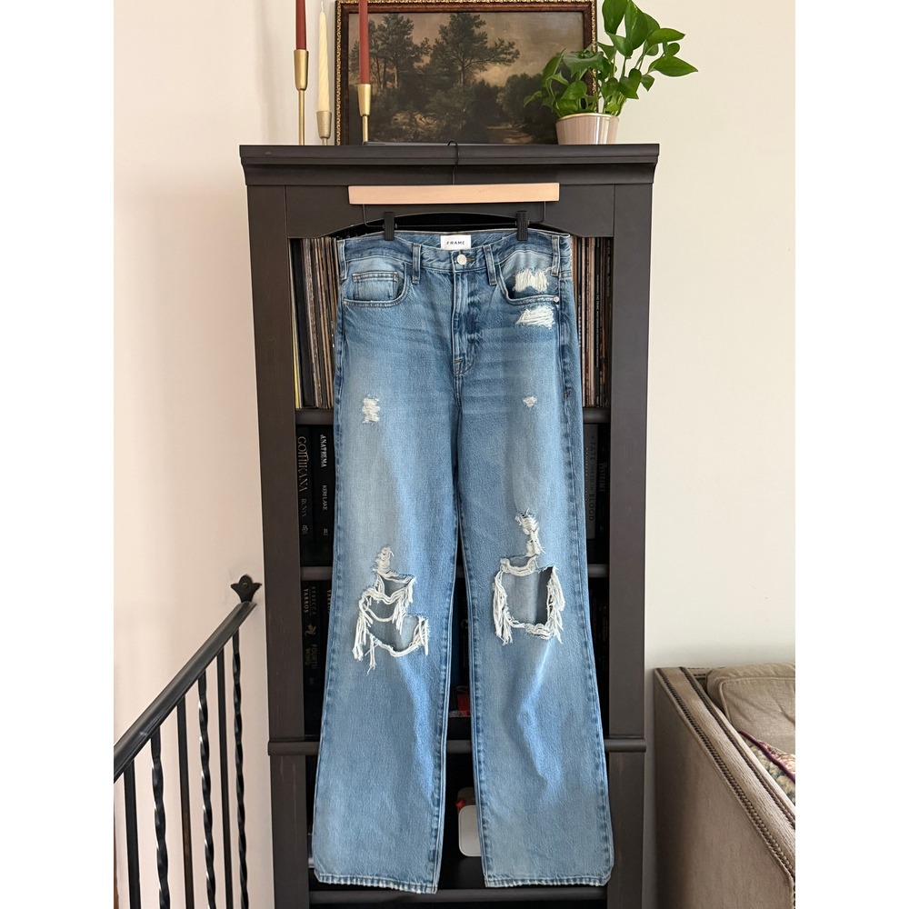FRAME Le Jane Distressed Wide Leg Jeans 32 Blue High Rise Ripped Denim